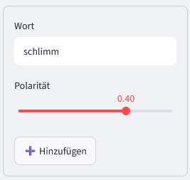 Zeigt die interaktiven Elemente der Streamlit App, mit der man Wörter zum Wortschatz hinzufügen kann, einen Datensatz hochladen kann und ein Sentiment Lexikon hinzufügen kann