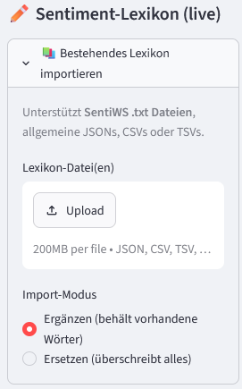Zeigt die interaktiven Elemente der Streamlit App, mit der man Wörter zum Wortschatz hinzufügen kann, einen Datensatz hochladen kann und ein Sentiment Lexikon hinzufügen kann