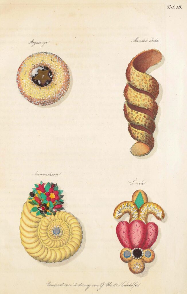 Tafel 16 aus: Das Neueste der Conditoreikunst, in getreuen, meist illuminirten Tafel- und Laden-Confekturen, Aufsätzen in Tragant etc., Torten, Verzierungen u. s. w. ... / gezeichnet und beschrieben von Georg Christian Neunhöfer..., Bd. 2, 1848. Zu sehen sind vier kolorierte Abbildungen zur Gestaltung von Gebäckstücken: Argusauge, Mandellocke, Ammonshorn und Simele.