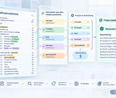 Eine Flowchart erklärt Anhand eines beispielhaften Inhaltsverzeichnisses den Prozess der Gewichtung von Stichworten und der daraus resultierenden Relevanz. KI-generiert.
