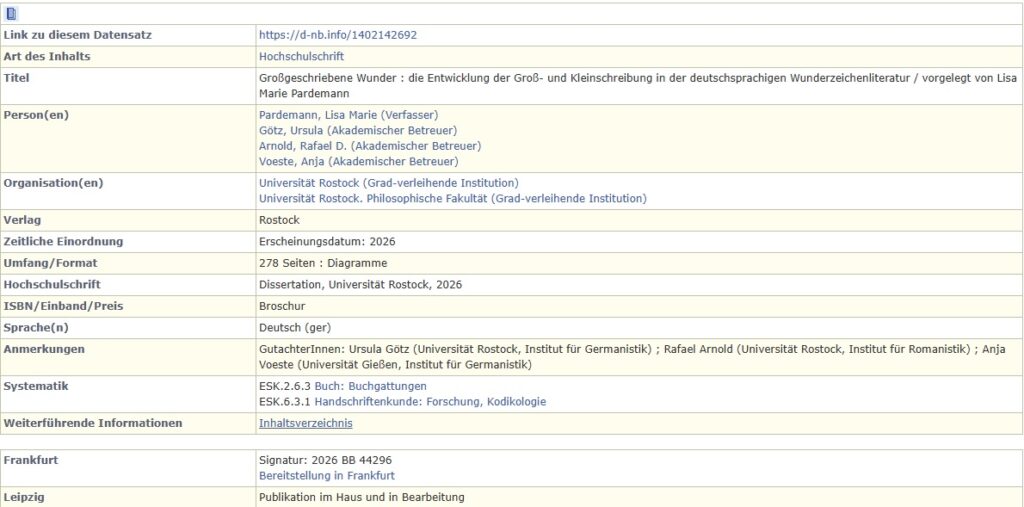 Abbildung eines Titeldatensatzes aus dem online Katalogverzeichnis der Bibliothek zeigt beispielhaft verschiedene Informationen zu einer bestimmten Publikation.