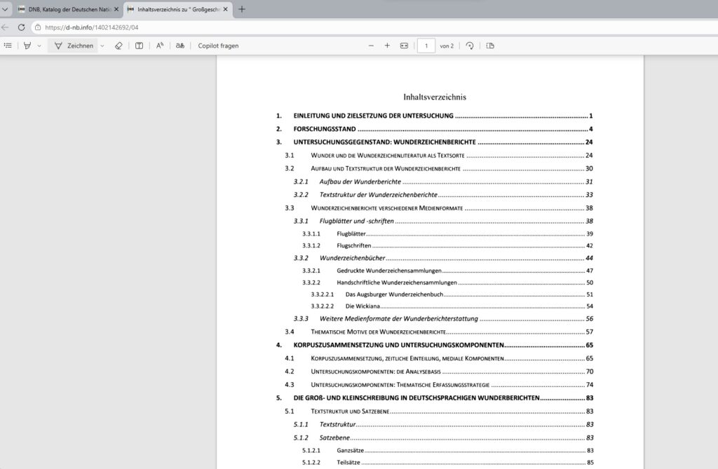 Beispielhafte Abbildung eines in einer Web-Anwendung geöffneten Inhaltsverzeichnisses einer Publikation.